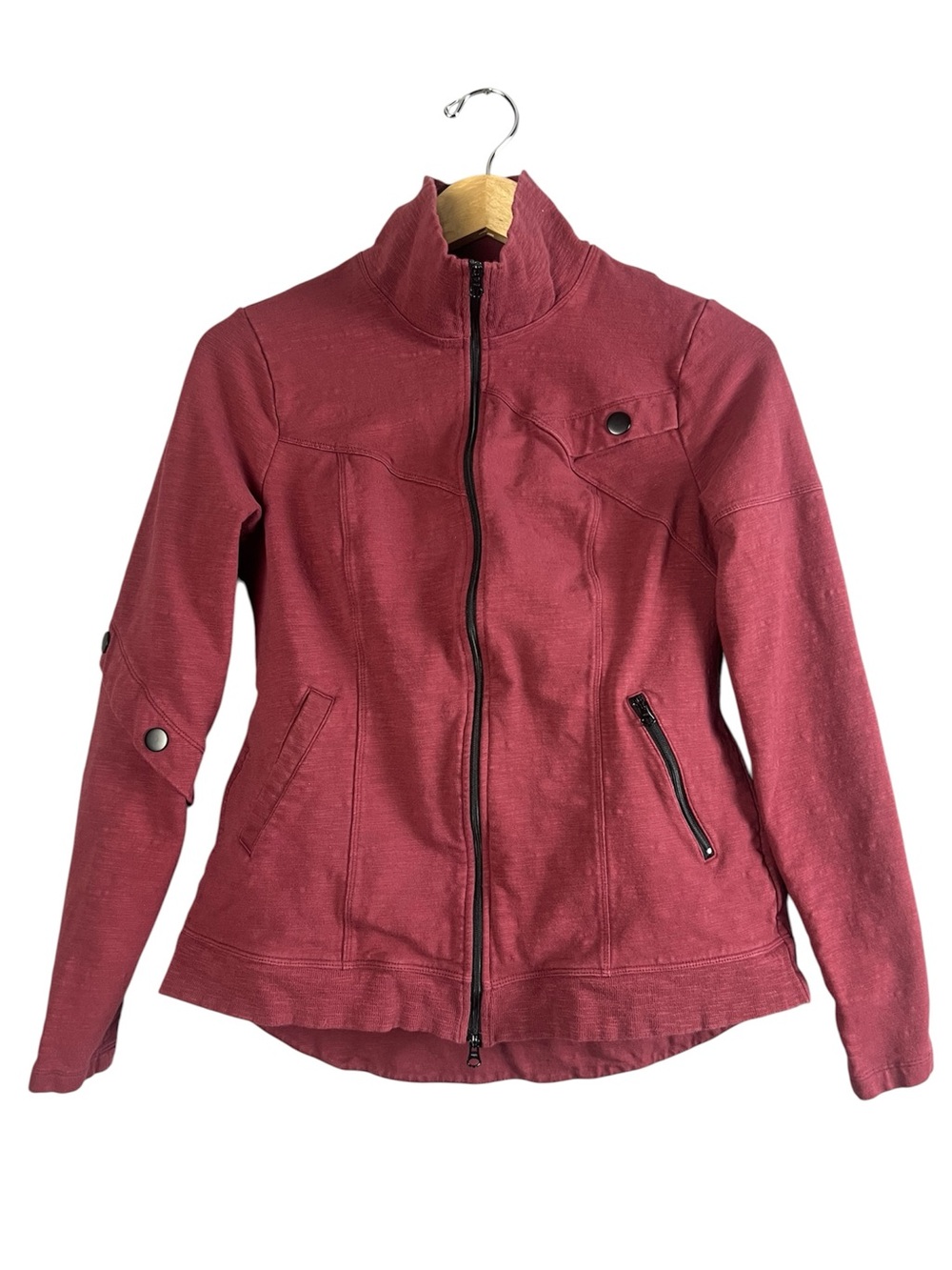CAbi Burgundy Heathered Moto Utility Jacket Asymmetrical Zip Snap Detail S